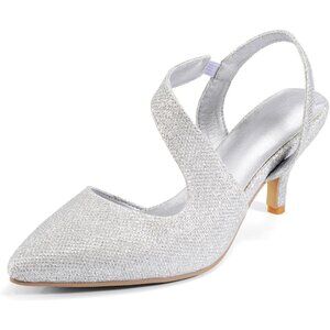 Rhinestone Silver Kitten Low Heel Sparkly Pumps Wedding Dressy Shoes for Women